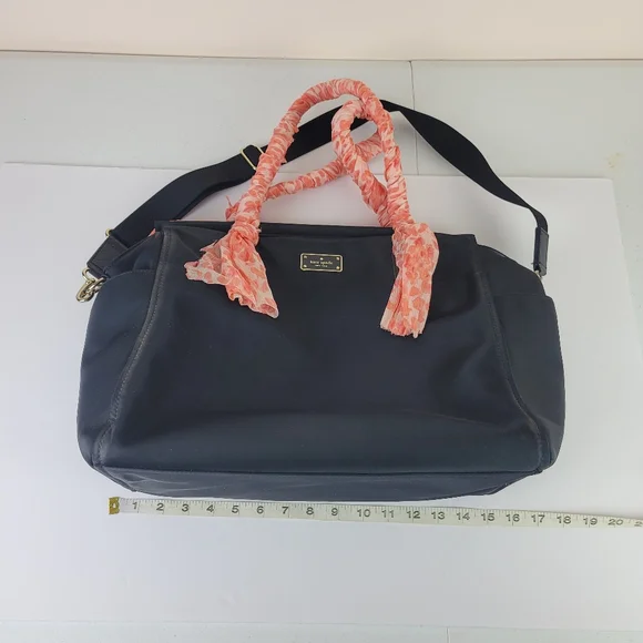 Kate Spade black diaper back, Peachy coral wrapped handles - Picture 6 of 11